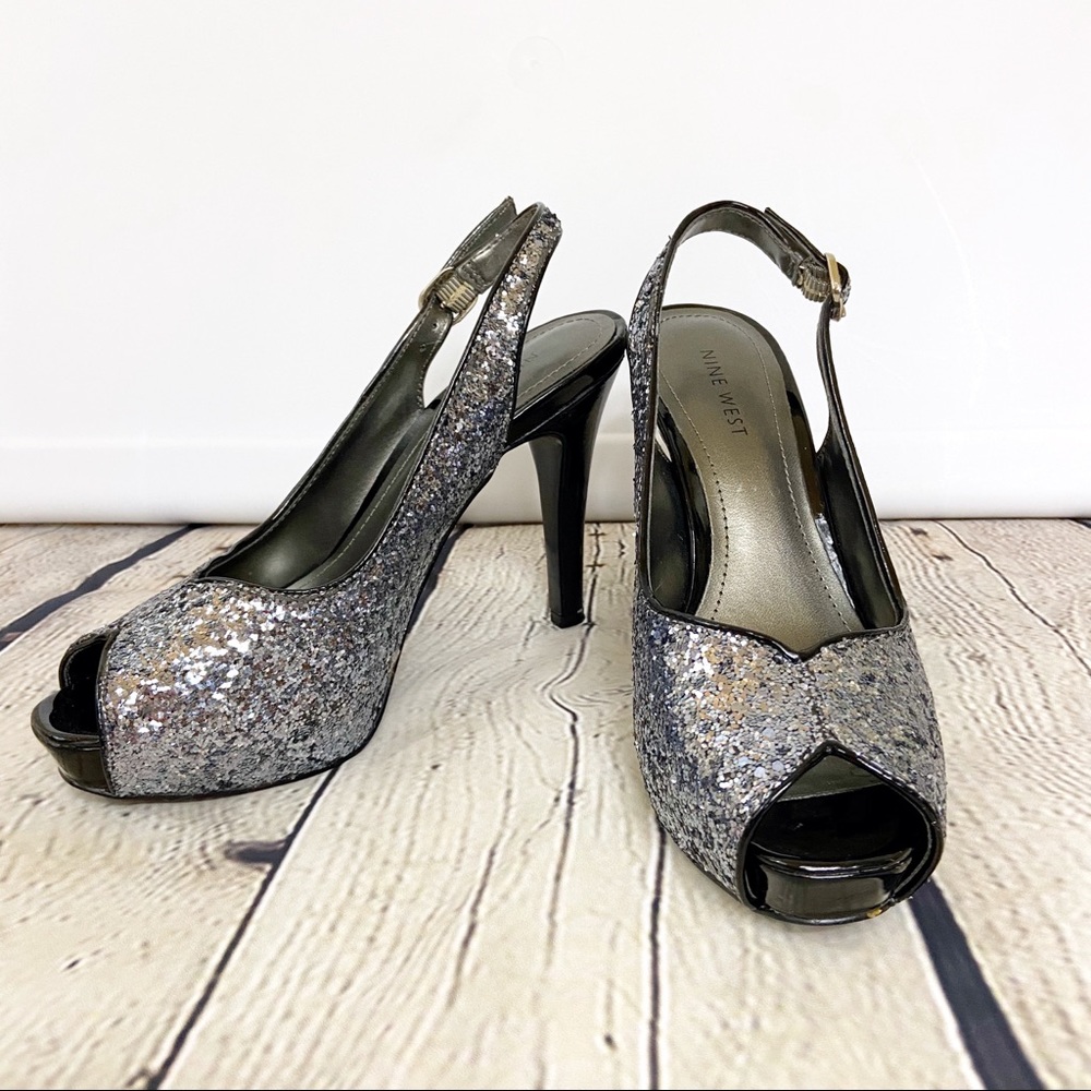 Nine West silver glitter sparkly open toe heels
